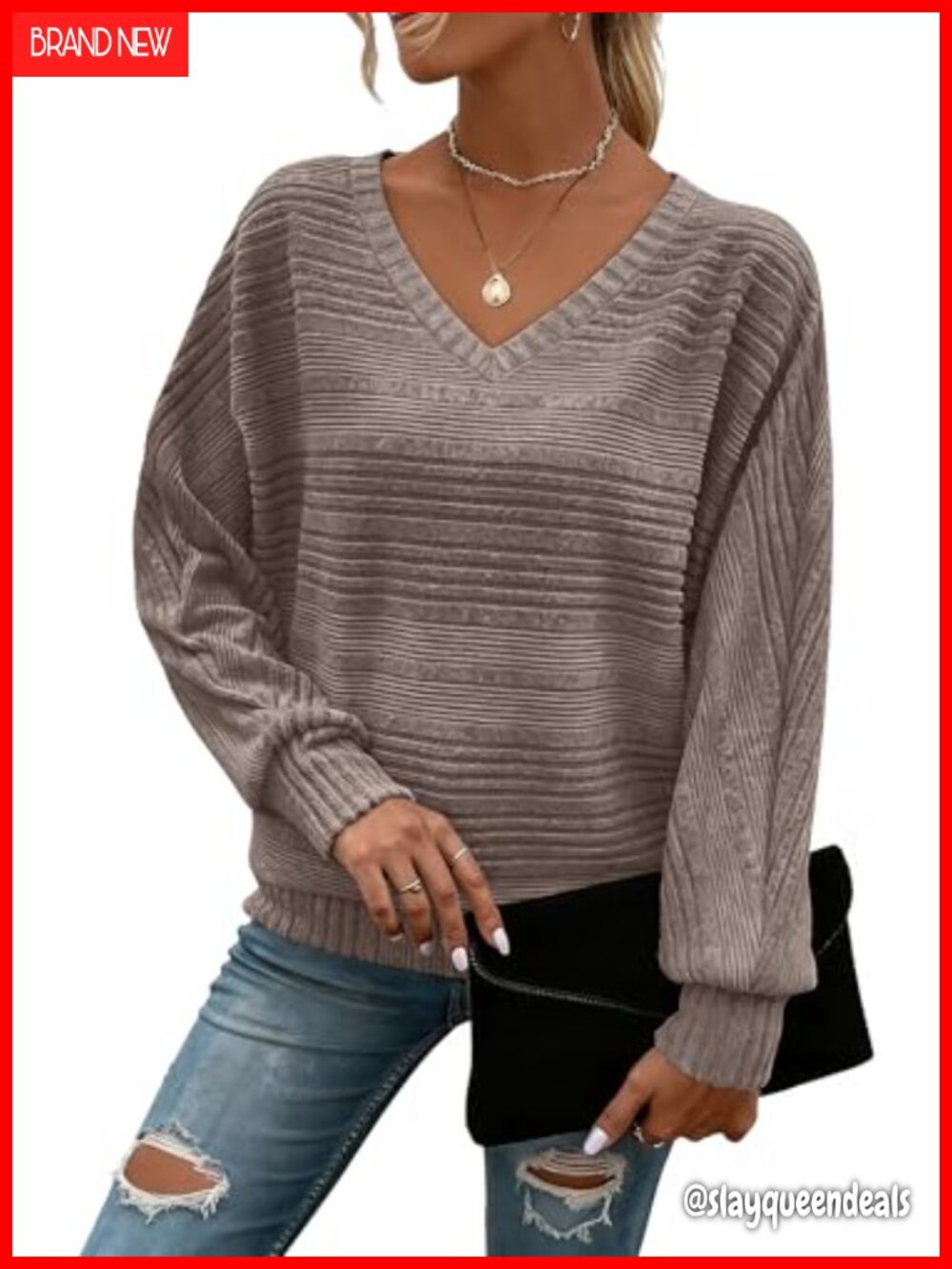 Batwing Sleeve Tunic Sweater Pullover V-Neck Loose Fit Long Sleeve Top